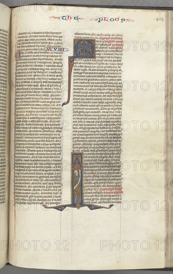 Fol. 404r, Mark, historiated initial I, Mark standing with a scroll, c. 1275-1300. Southern France, Toulouse(?), 13th century. Bound illuminated manuscript in Latin; brown morocco binding; ink, tempera and gold on vellum; 533 leaves