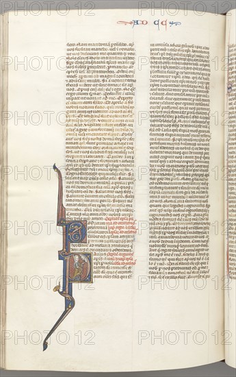 Fol. 445v, Corinthians II, historiated initial P, Paul standing with a sword, talking to the bust of God above, c. 1275-1300. Southern France, Toulouse(?), 13th century. Bound illuminated manuscript in Latin; brown morocco binding; ink, tempera and gold on vellum; 533 leaves