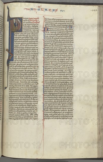 Fol. 449r, Galatians, historiated initial P, Paul seated with a sword, talking to the bust of God above, c. 1275-1300. Southern France, Toulouse(?), 13th century. Bound illuminated manuscript in Latin; brown morocco binding; ink, tempera and gold on vellum; 533 leaves