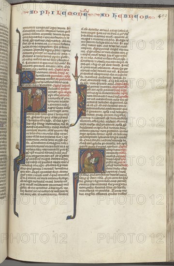 Fol. 459r, Philemon, historiated initial P, Paul addressing three men and Hebrews, historiated initial M, Paul seated at a desk, writing, c. 1275-1300. Southern France, Toulouse(?), 13th century. Bound illuminated manuscript in Latin; brown morocco binding; ink, tempera and gold on vellum; 533 leaves