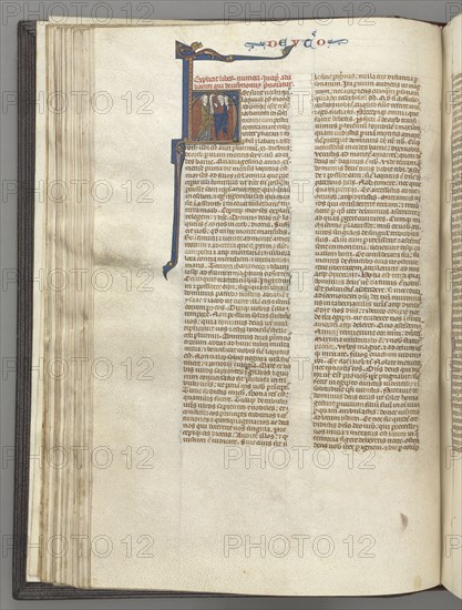 Fol. 62v, Deuteronomy, historiated initial H, Moses with horns and scroll preaching to two men, c. 1275-1300. Southern France, Toulouse(?), 13th century. Bound illuminated manuscript in Latin; brown morocco binding; ink, tempera and gold on vellum; 533 leaves