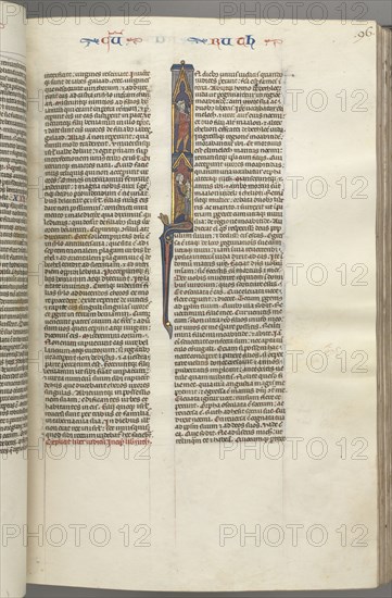 Fol. 96r, Ruth, Historiated Initial I with Elimilech and Naomi., c. 1275-1300. Southern France, Toulouse(?), 13th century. Bound illuminated manuscript in Latin; brown morocco binding; ink, tempera and gold on vellum; 533 leaves