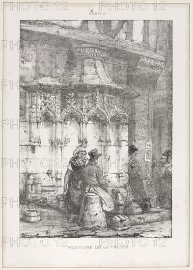 Architectural Remains and Fragments: Rouen - Fontaine de la Crosse, 1827. Richard Parkes Bonington (British, 1802-1828), after François Alexandre Pernot (French, 1793-1865). Lithograph on chine collé tipped into mount; sheet: 52.1 x 33.6 cm (20 1/2 x 13 1/4 in.); platemark: 23.2 x 16.3 cm (9 1/8 x 6 7/16 in.); with black border: 28 x 20 cm (11 x 7 7/8 in.)