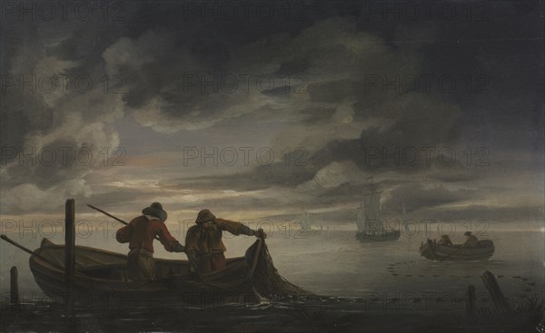 An Estuary Scene with Fisherman, second quarter of 1600s. Attributed to Rafel Govertsz. Camphuysen (Dutch, 1597/98-1657). Oil on wood; framed: 24 x 33 x 3 cm (9 7/16 x 13 x 1 3/16 in.); unframed: 14.5 x 24 cm (5 11/16 x 9 7/16 in.).
