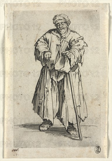 The Beggars: Obese Beggar with Lowered Eyes, c. 1623. Jacques Callot (French, 1592-1635). Etching; paper: 15.5 x 10.4 cm (6 1/8 x 4 1/8 in.); plate: 13.8 x 8.8 cm (5 7/16 x 3 7/16 in.)