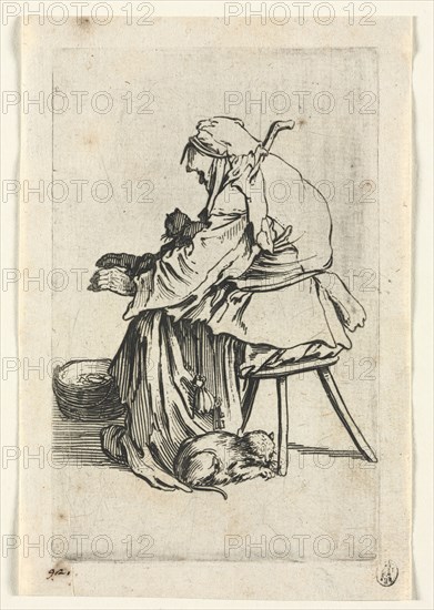 The Beggars: Old Woman and Cats, c. 1623. Jacques Callot (French, 1592-1635). Etching; paper: 15.6 x 10.7 cm (6 1/8 x 4 3/16 in.); plate: 13.9 x 8.8 cm (5 1/2 x 3 7/16 in.)