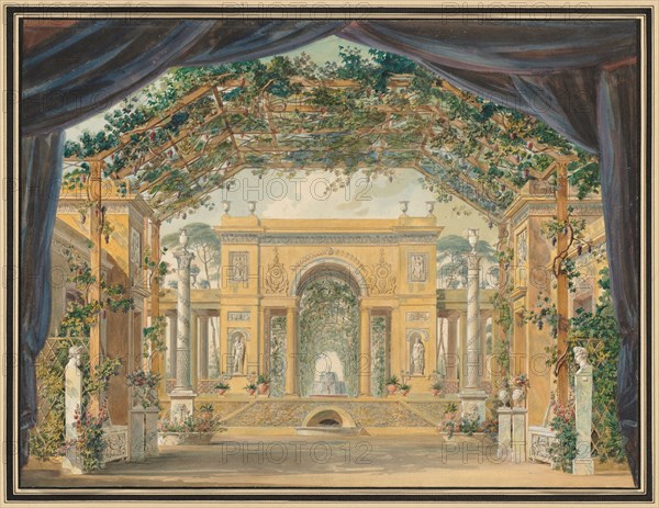 Decoration Executed for the Birthday of His Majesty the King of Westphalia, 1811. Pierre-Luc-Charles Cicéri (French, 1782-1868). Pen and black ink and watercolor with graphite; heightened with white gouache on off-white wove paper; sheet: 32 x 42.3 cm (12 5/8 x 16 5/8 in.); secondary support: 44 x 53.2 cm (17 5/16 x 20 15/16 in.).