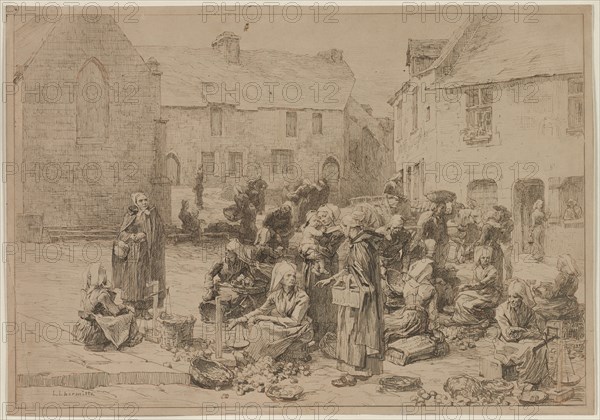 The Apple Market at Landerneau, 1878. Léon Augustin Lhermitte (French, 1844-1925). Pen and brown ink over tracing in red chalk; sheet: 27.2 x 38.9 cm (10 11/16 x 15 5/16 in.); image: 26.6 x 27.7 cm (10 1/2 x 10 7/8 in.).