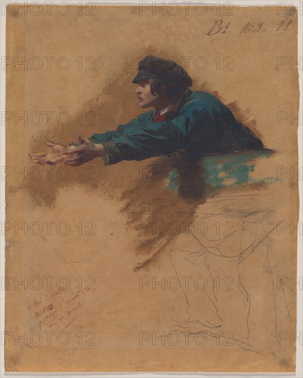 Young Man Leaning Forward with Outstretched Arms (Study for Soldiers Distributing Bread to the Poor), c. 1851. Isidore Pils (French, 1813/15-1875). Oil, brown oil wash or ink wash, and black crayon; sheet: 33.8 x 26.9 cm (13 5/16 x 10 9/16 in.).