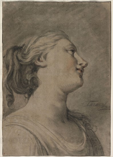 Head of a Female Figure in Profile, Turned to the Right, c. 1763-1770?. Hughes Taraval (French, 1729-1785). Charcoal with red and white chalk and stumping ; sheet: 37.4 x 26.2 cm (14 3/4 x 10 5/16 in.).