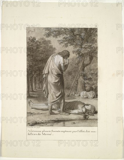 Aristomenes Mourning the Death of Socrates from the Bewitchment of Meroë (from Book 1 of Apuleius, "The Golden Ass"), 1795. Antoine-Denis Chaudet (French, 1763-1810). Brush and black and gray wash, heightened with white gouache, over graphite; sheet: 27.9 x 21.3 cm (11 x 8 3/8 in.); image: 19.8 x 10.3 cm (7 13/16 x 4 1/16 in.).