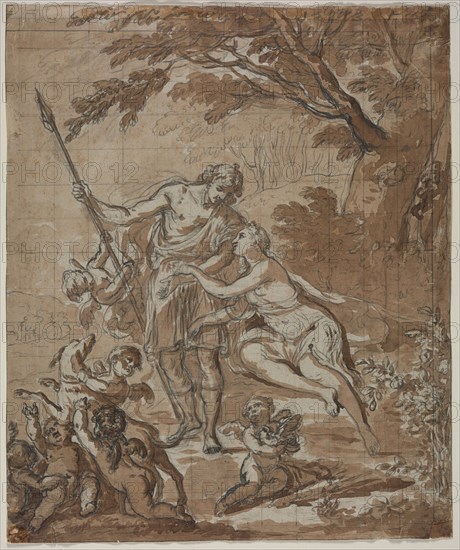 Venus and Adonis, 1713. France, 18th century. Black chalk, pen and gray ink with brown wash; matted: 29.8 x 24.9 cm (11 3/4 x 9 13/16 in.).