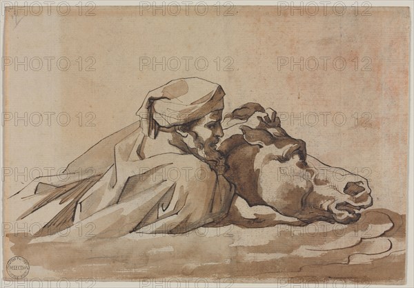 Man Clutching a Horse in Water, after Poussin's "Deluge" (recto); Compositional Study? (possibly for "Poussin's Deluge") (verso), c. 1816. Théodore Géricault (French, 1791-1824). Pen and brown ink and brush and brown wash over graphite; sheet: 18 x 26.2 cm (7 1/16 x 10 5/16 in.).