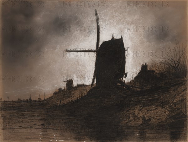Windmills in a Landscape. Eugene Deshayes (French, 1828-1890). Charcoal with white heightening; sheet: 37.8 x 62.8 cm (14 7/8 x 24 3/4 in.).