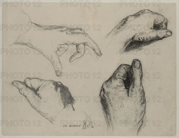 Study of Hands (recto), 1800s. Théodule Ribot (French, 1823-1891). Black chalk and graphite (recto); sheet: 23.6 x 30.8 cm (9 5/16 x 12 1/8 in.).
