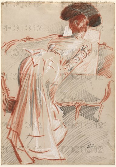 Woman (Possibly Madame Alice Hellu) Looking at a Drawing, c. 1895. Paul César Helleu (French, 1859-1927). Black, red, and white chalk; sheet: 63.2 x 44.6 cm (24 7/8 x 17 9/16 in.).