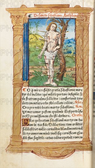 Printed Book of Hours (Use of Rome):  fol. 102v, St. Sebastian, 1510. Guillaume Le Rouge (French, Paris, active 1493-1517). 112 Printed folios on parchment, bound