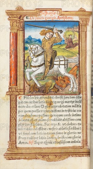Printed Book of Hours (Use of Rome):  fol. 103v, St. George Slaying the Dragon, 1510. Guillaume Le Rouge (French, Paris, active 1493-1517). 112 Printed folios on parchment, bound