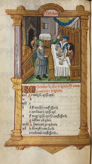 Printed Book of Hours (Use of Rome): fol. 11v, October calendar page, 1510. Guillaume Le Rouge (French, Paris, active 1493-1517). 112 Printed folios on parchment, bound