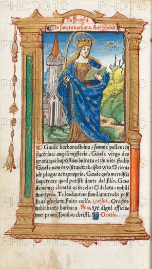 Printed Book of Hours (Use of Rome):  fol. 110v, St. Barbara, 1510. Guillaume Le Rouge (French, Paris, active 1493-1517). 112 Printed folios on parchment, bound