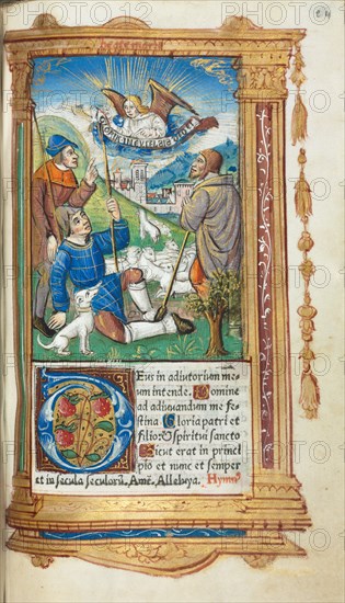 Printed Book of Hours (Use of Rome): fol. 36r, Annunciation to the Shepherds, 1510. Guillaume Le Rouge (French, Paris, active 1493-1517). 112 Printed folios on parchment, bound