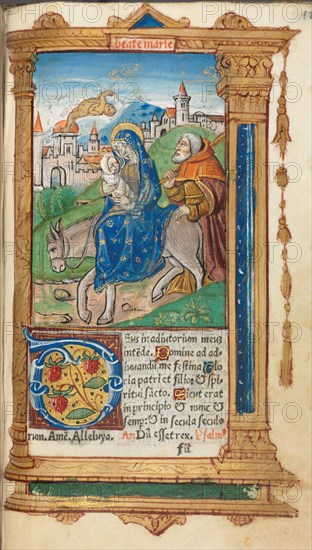Printed Book of Hours (Use of Rome): fol. 42r, Flight into Egypt, 1510. Guillaume Le Rouge (French, Paris, active 1493-1517). 112 Printed folios on parchment, bound