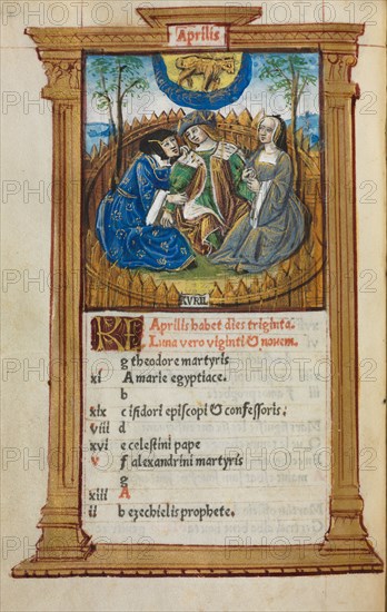 Printed Book of Hours (Use of Rome): fol. 5v, April calendar illustration, 1510. Guillaume Le Rouge (French, Paris, active 1493-1517). 112 Printed folios on parchment, bound