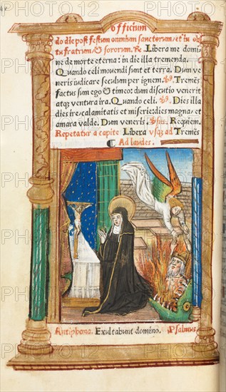 Printed Book of Hours (Use of Rome):  fol. 84v, Dominican Nun in Prayer, 1510. Guillaume Le Rouge (French, Paris, active 1493-1517). 112 Printed folios on parchment, bound