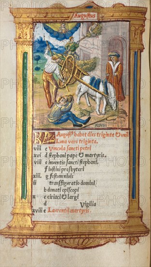 Printed Book of Hours (Use of Rome): fol. 9v, August calendar illustration, 1510. Guillaume Le Rouge (French, Paris, active 1493-1517). 112 Printed folios on parchment, bound