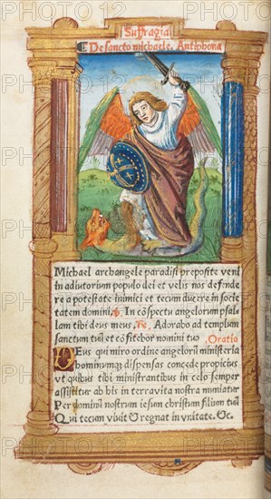 Printed Book of Hours (Use of Rome): fol. 97v, St. Michael the Archangel, 1510. Guillaume Le Rouge (French, Paris, active 1493-1517). 112 Printed folios on parchment, bound