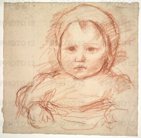 Portrait of an Infant, 1800s-1900s. Henri Cros (French, 1840-1907). Sanguine on off-white laid paper; sheet: 27.7 x 28.6 cm (10 7/8 x 11 1/4 in.).