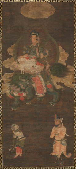 Shakyamuni Triad: Buddha Attended by Manjushri and Samantabhadra (Bodhisattva with Lion), late 1300s. China, Fuzhou, Fujian Province, Yuan dynasty (1271-1368). Hanging scroll, ink and color on silk; painting: 107 x 46.5 cm (42 1/8 x 18 5/16 in.); overall: 192 x 62.5 cm (75 9/16 x 24 5/8 in.).