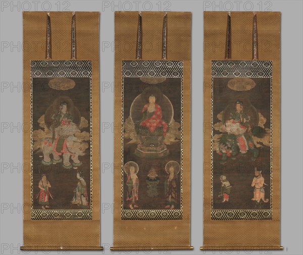 Shakyamuni Triad: Buddha Attended by Manjushri and Samantabhadra, late 1300s. China, Fuzhou, Fujian Province, Yuan dynasty (1271-1368). Set of three hanging scrolls, ink and color on silk; overall: 106.9 x 46.4 cm (42 1/16 x 18 1/4 in.).