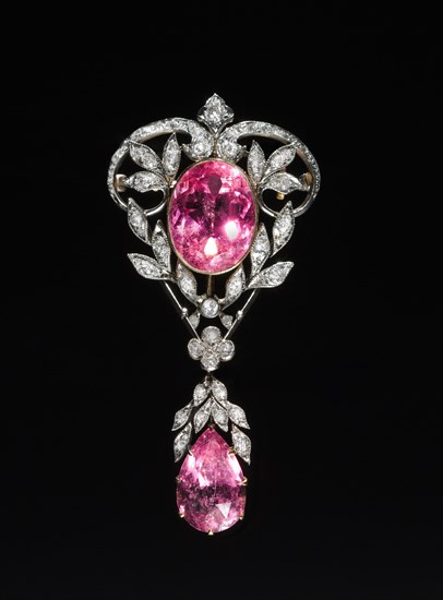 Pendant Brooch, c. 1890-1910. America, late 19th-early 20th century. Pink tourmaline, diamonds, gold, platinum; overall: 6 x 3 x 1 cm (2 3/8 x 1 3/16 x 3/8 in.).