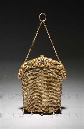 Handbag, c. 1900. Marcus & Co.. Gold mesh bag, 14k gold frame, amethyst, diamonds, tsavorites; overall: 13.4 x 11.5 cm (5 1/4 x 4 1/2 in.).