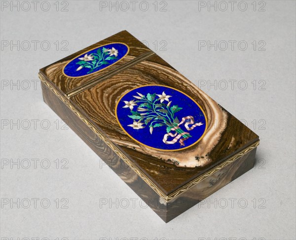 Snuff Box, c. 1840. France, early 19th century. Gold, agate, set with mosaic panels, lapis ground; overall: 7.6 x 2.9 x 1.6 cm (3 x 1 1/8 x 5/8 in.).