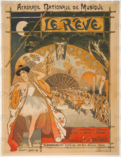 Academie Nationale de Musique: The Dream, 1891. Théophile Alexandre Steinlen (Swiss, 1859-1923), G. Hartmann & Cie Editeurs, 20 rue Daunou, Paris. Color lithograph; sheet: 81.2 x 62.2 cm (31 15/16 x 24 1/2 in.); image: 76.8 x 59.7 cm (30 1/4 x 23 1/2 in.)