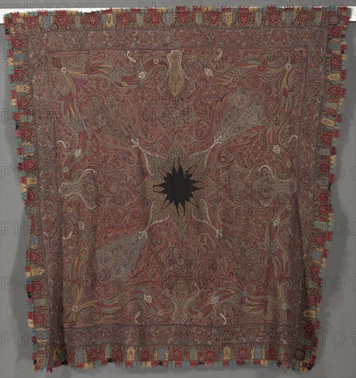 Squre Pieced Shawl with Vase Corners, 1867-1875. India, Kashmir, 19th century. 2/2 twill tapestry (S), double interlocked, pieced; wool; overall: 195.6 x 185.4 cm (77 x 73 in.).