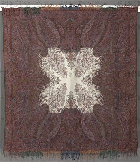Square shawl with Quarter Shawl Layout and Ivory Center, 1848-1851. Austria, England, France, or Scotland, 19th century. 3/1 twill weave; wool; overall: 200.7 x 171.5 cm (79 x 67 1/2 in.)