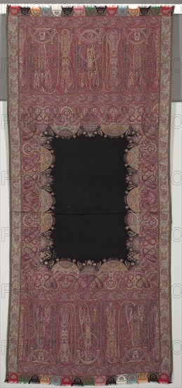 Long Shawl with Black Center and Exotic Four-Sided Gallery in Chinoiserie Style, 1840s. India, Kashmir, 19th century. 2/2 twill tapestry (S), double interlocked, pieced; refreshed; wool; overall: 332.8 x 139.6 cm (131 x 54 15/16 in.)