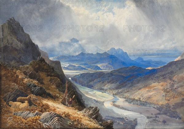 A View from Moel Cynwich: Looking Over the Vale of Afon Mawddach and Toward Cader Idris, c. 1850. William Turner (British, 1789-1862). Watercolor with scratch-away, heightened with white;