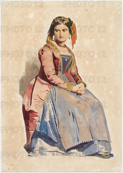 Seated Italian Woman, 1800s. Dominque Louis Papety (French, 1815-1849). Watercolor with gold paint with traces of graphite underdrawing ; sheet: 29.7 x 21 cm (11 11/16 x 8 1/4 in.).
