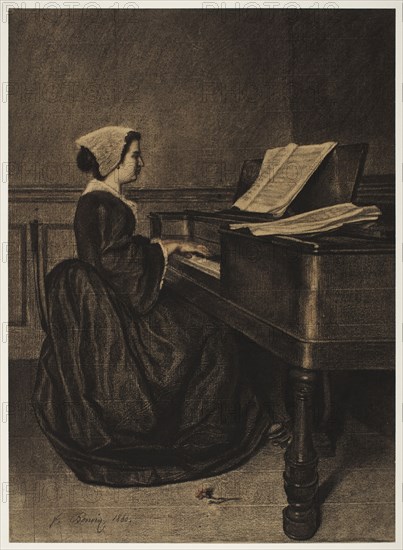 Woman at the Spinet, 1860. François Bonvin (French, 1817-1887). Fabricated black chalk with touches of brown and red chalk and stumping ; sheet: 42 x 30.5 cm (16 9/16 x 12 in.).