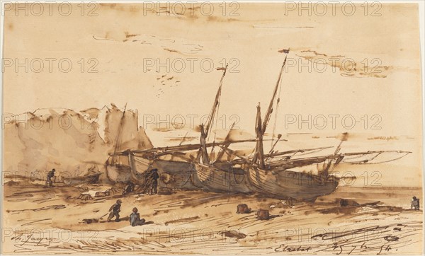 Étretat, 1854. Charles-Émile Jacque (French, 1813-1894). Brown ink, brown wash, graphite, touches of blue, red, and gray watercolor and gouache; sheet: 16 x 26.5 cm (6 5/16 x 10 7/16 in.).