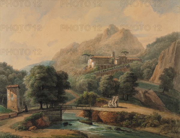 Paysage Italien: L'Abbaye et Les Religieux, late 1800s-1900s. Jean-Victor Bertin (French, 1767-1842). Watercolor with graphite and heightened with gouache; sheet: 35.5 x 46.3 cm (14 x 18 1/4 in.).