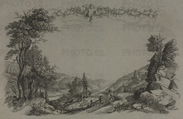 Six Views of Heidelberg Castle: Cover, Hunting Scene , 1820. Ernst Fries (German, 1801-1833). Etched and engraved grey-blue wove paper cover of bound group of 6 lithographs; cover: 38.5 x 50.1 x 0.2 cm (15 3/16 x 19 3/4 x 1/16 in.).