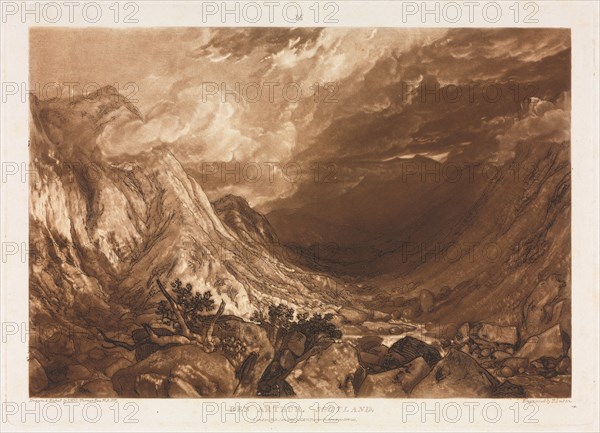 Liber Studorium: Ben Arthur, Scotland, c. 1818. Thomas Guff Lupton (British, 1791-1873), Drawn, etched, and published by Joseph Mallord William Turner, after Joseph Mallord William Turner (British, 1775-1851). Etching and mezzotint in brown; sheet: 27.9 x 43.2 cm (11 x 17 in.); platemark: 20.9 x 29.2 cm (8 1/4 x 11 1/2 in.).