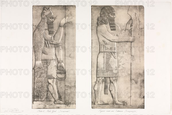 Monuments of Ninevah: Plate 6, Fish-god (Nimroud); Figure near an Entrance (Kouyunjik), 1853. Austen Henry Layard (British, 1817-1894). Lithograph in black and beige; sheet: 37.9 x 57 cm (14 15/16 x 22 7/16 in.); right image: 34.9 x 17.8 cm (13 3/4 x 7 in.); left image: 34.9 x 14.6 cm (13 3/4 x 5 3/4 in.)