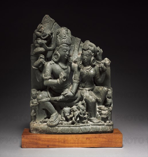 Siva and Parvati (Uma-Mahesvara), 900s. Northern India, Uttaranchal, Almoral, 10th century. Greenish-gray schist; overall: 48 x 34 x 14.5 cm (18 7/8 x 13 3/8 x 5 11/16 in.).