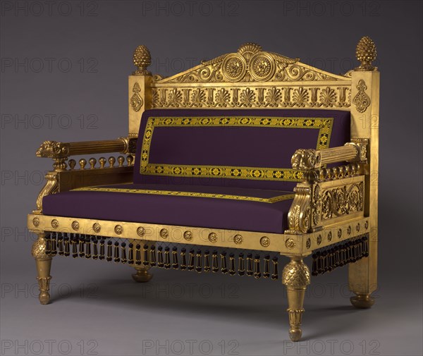 Settee, c. 1802-1807. Thomas Hope (British, 1769-1831), Unknown Maker (British). Gilt-wood, reproduction wool upholstery; overall: 102.2 x 113 x 71.1 cm (40 1/4 x 44 1/2 x 28 in.).